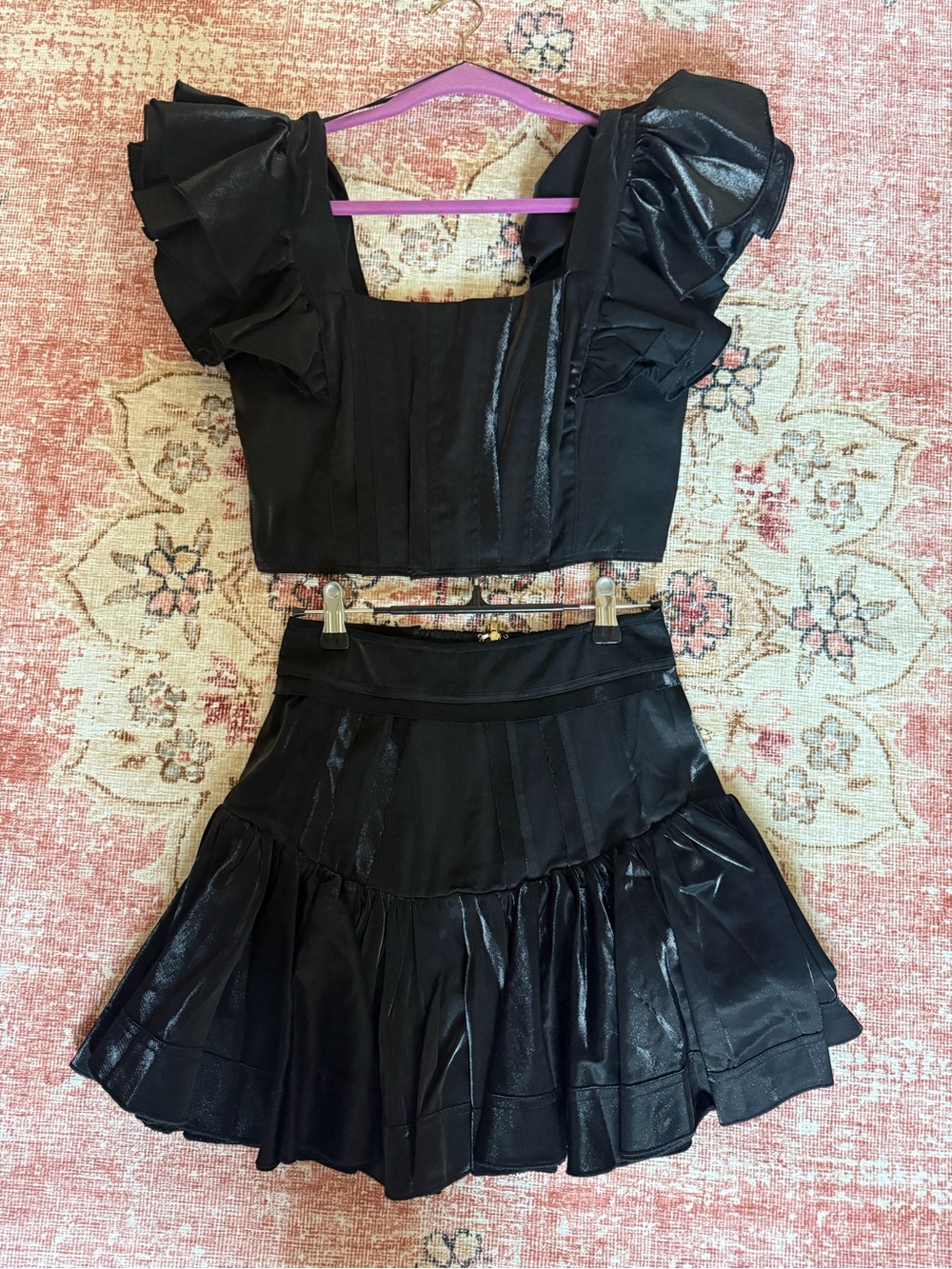 Black Ruffled Two-Piece Skirt Set — Women's Elegant Crop Top & Flared Skirt